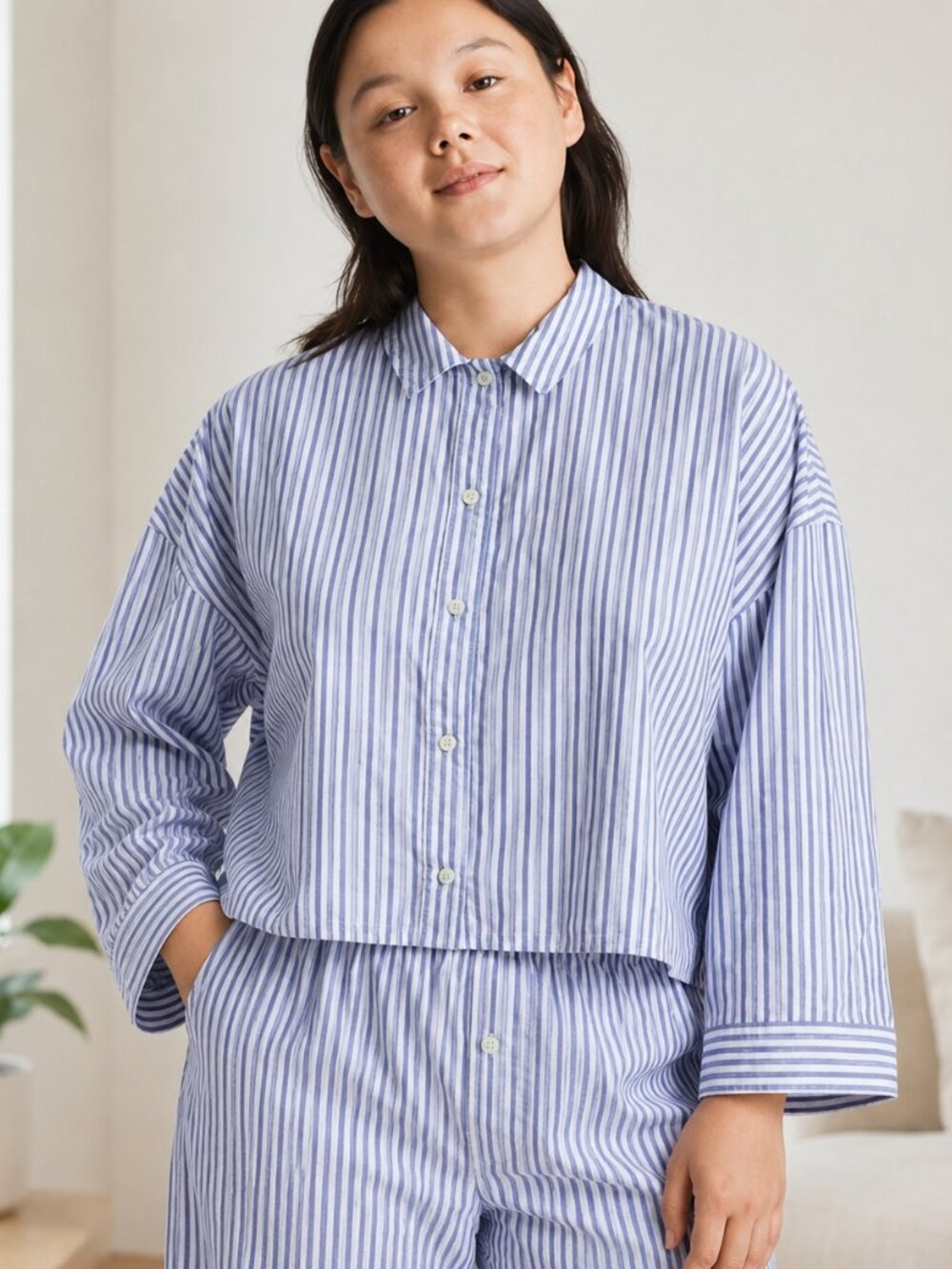 Everlane The Woven P.J. Top Blue White Stripe 100% Cotton Pajama M NWT